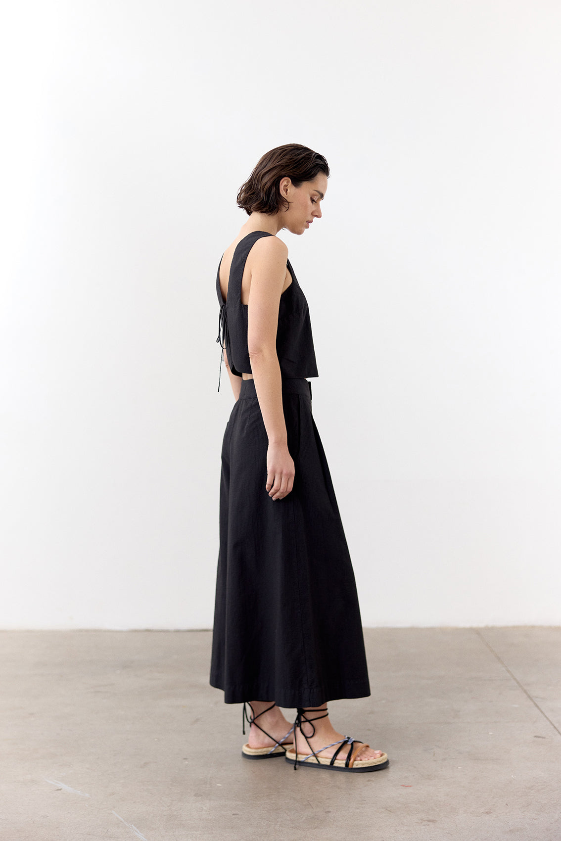 Wide-Leg Seersucker Cotton Trousers - Ónix