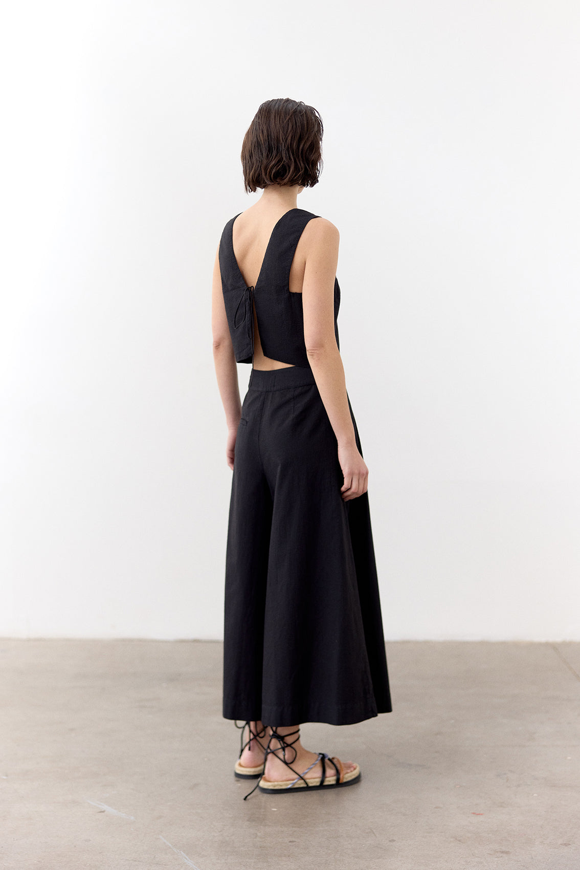 Wide-Leg Seersucker Cotton Trousers - Ónix