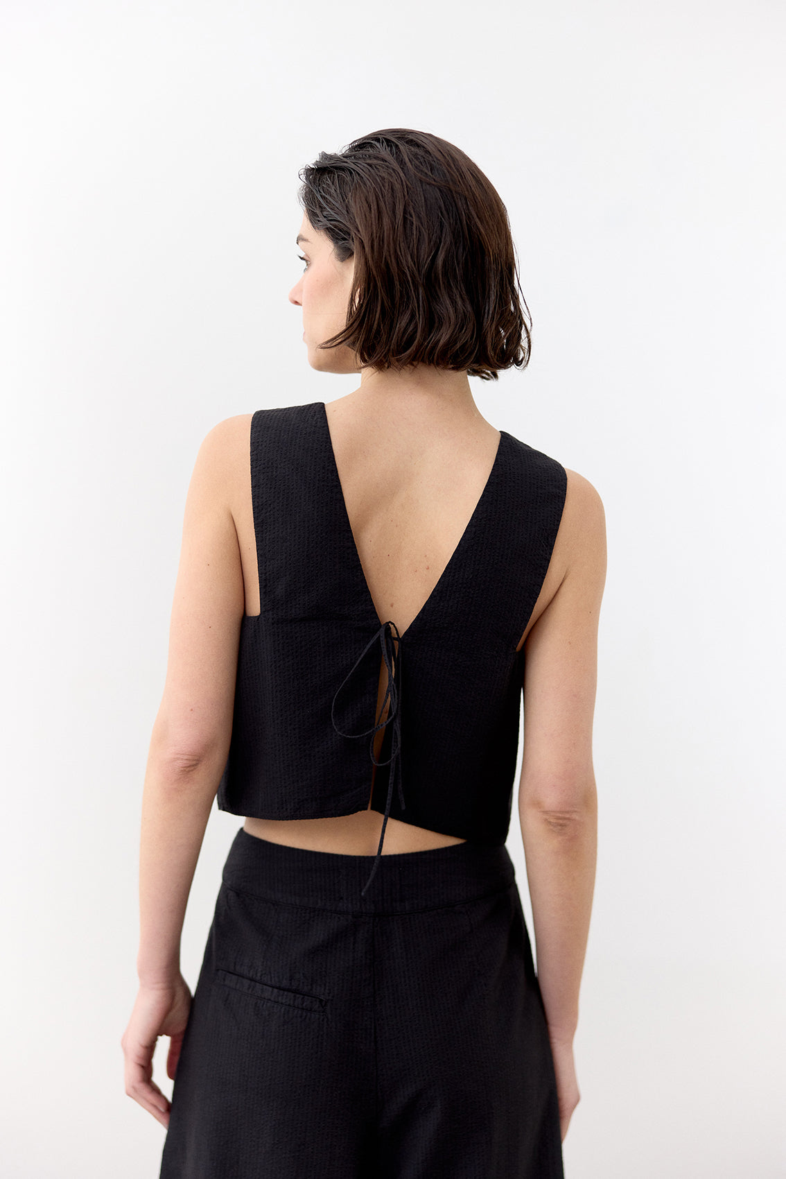 V-Neck Seersucker Cotton Top - Ónix