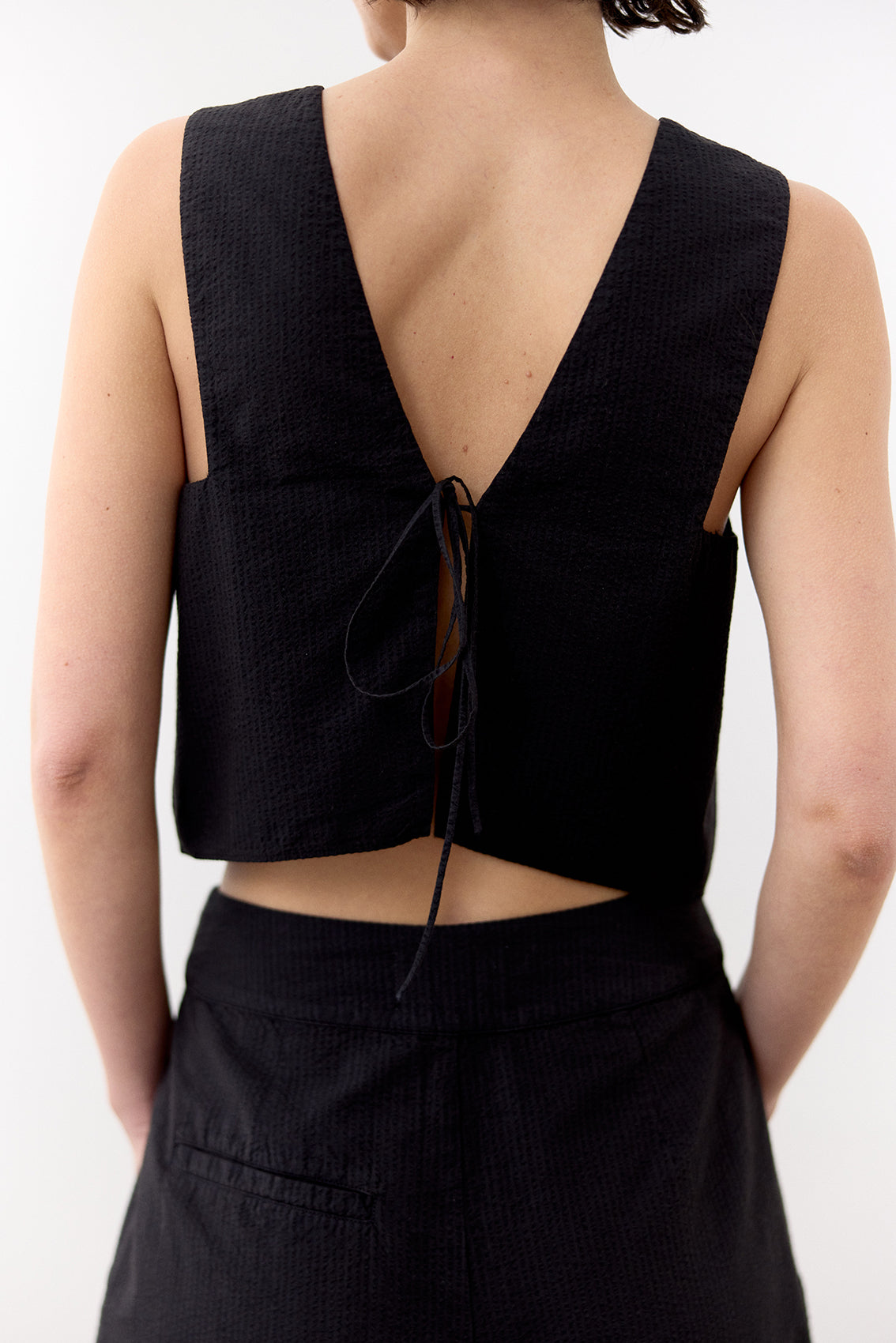 V-Neck Seersucker Cotton Top - Ónix