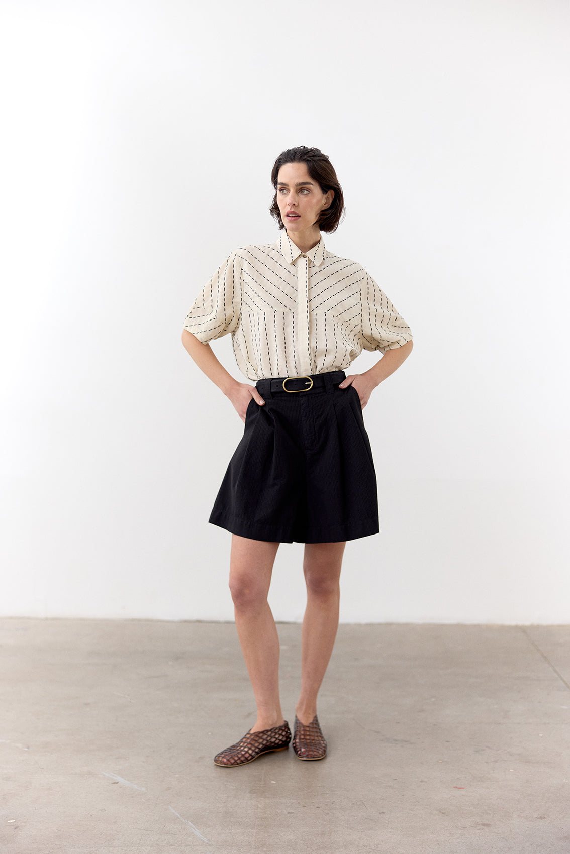 Seersucker Cotton Shorts - Ónix