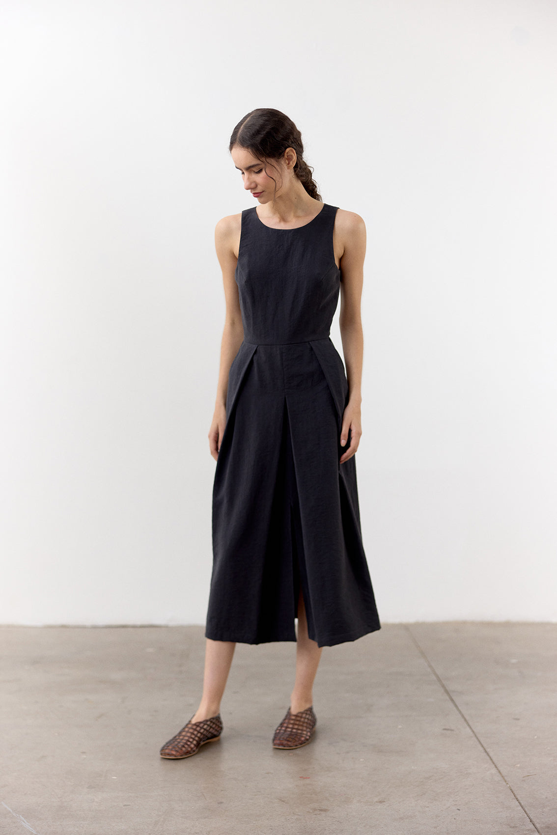 Center Pleat Crinkled Silk Dress - Ónix