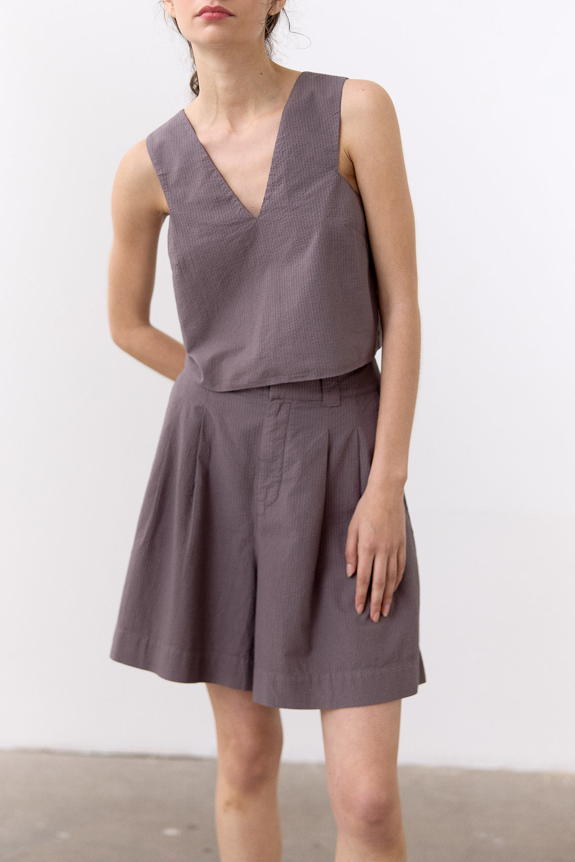 V-Neck Seersucker Cotton Top - Trufa
