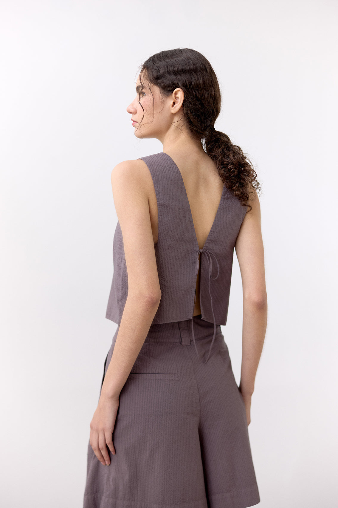 V-Neck Seersucker Cotton Top - Trufa