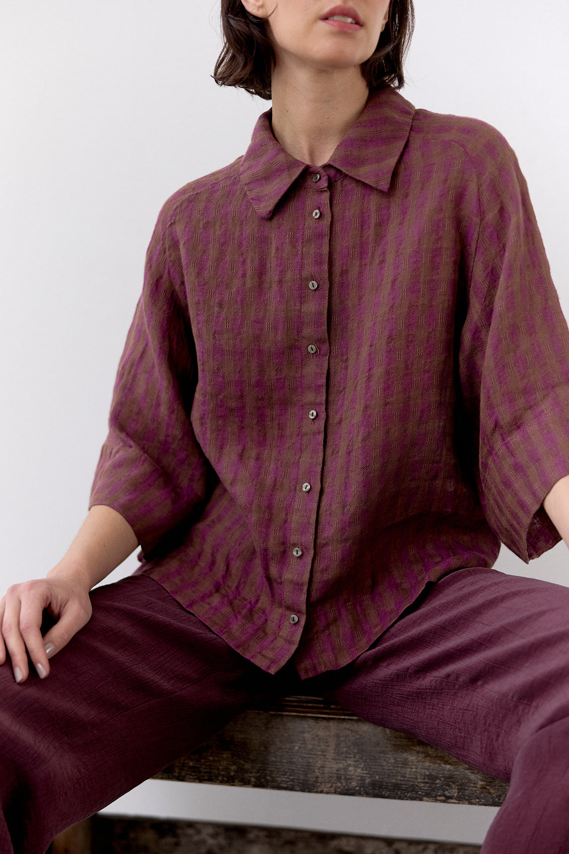 Gingham Linen Shirt - Ciruela
