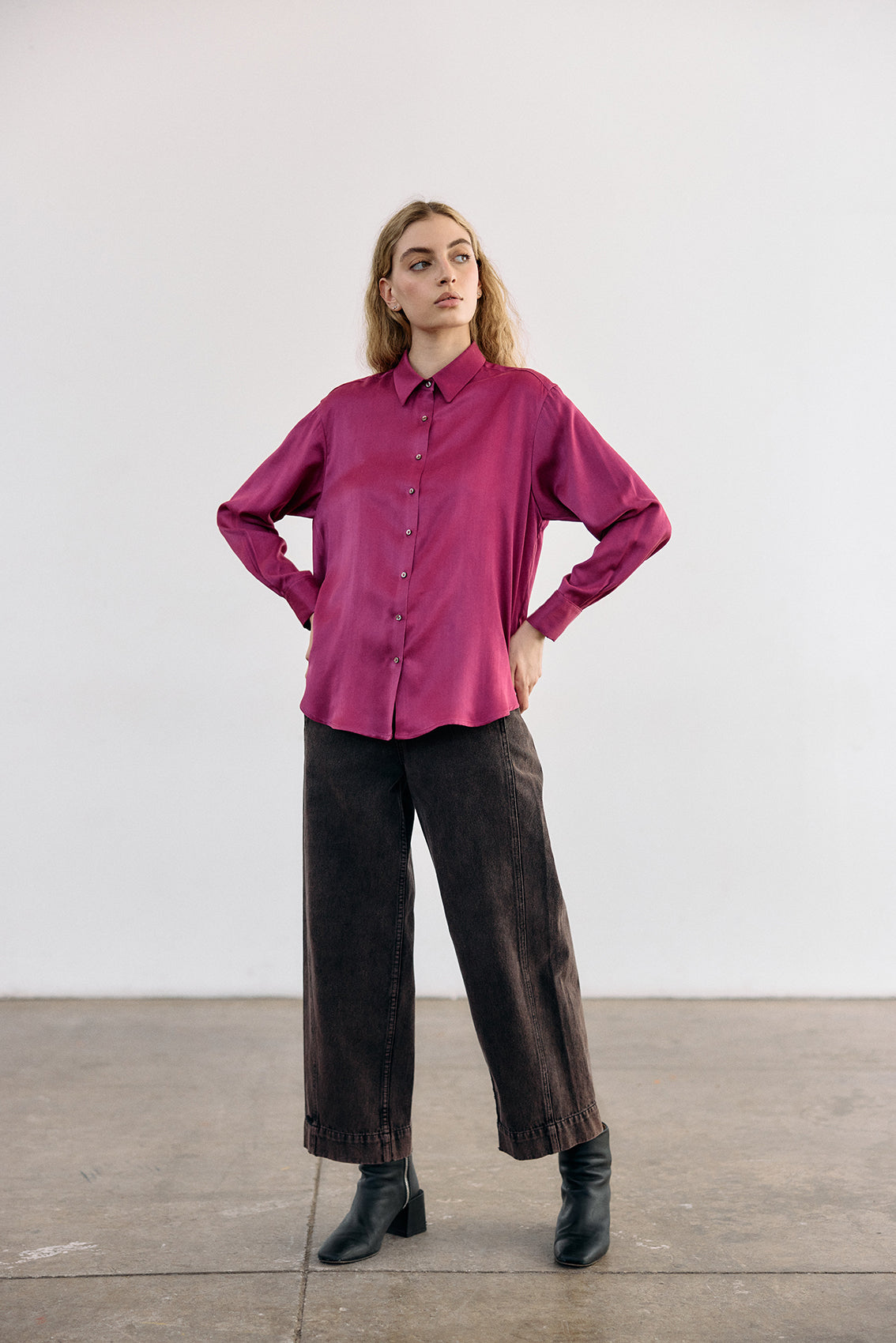 Pointed Collar Silk Button-Down Shirt