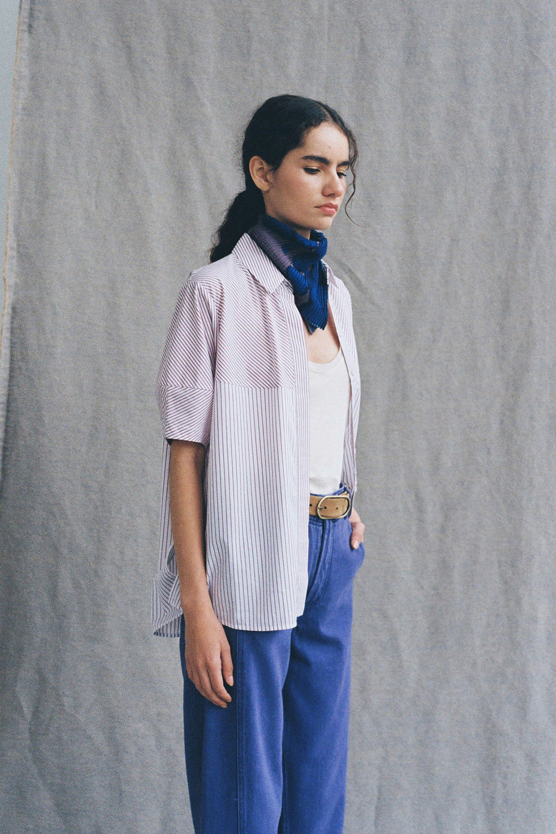 Striped Short-Sleeve Cotton Blouse