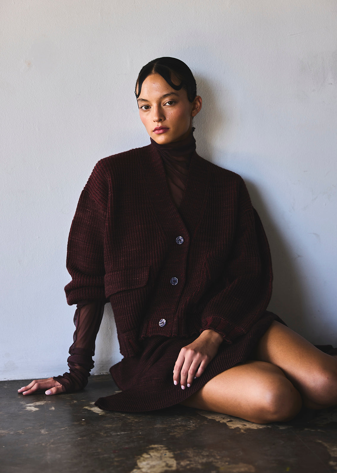 Hand-Dyed Contrast Merino Wool Cardigan - Mix Vino