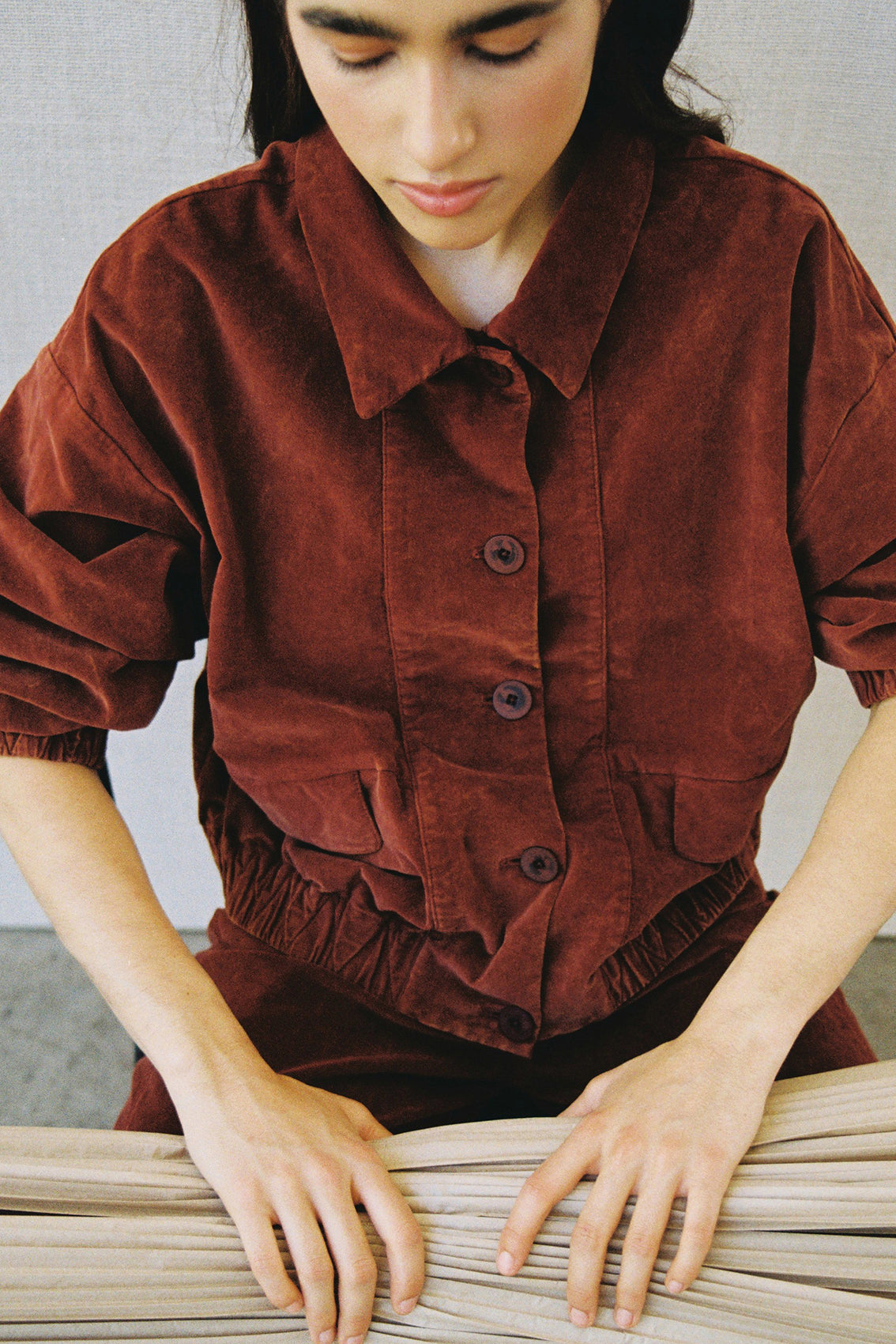 Washed Velvet Cotton Bomber Jacket - Rust