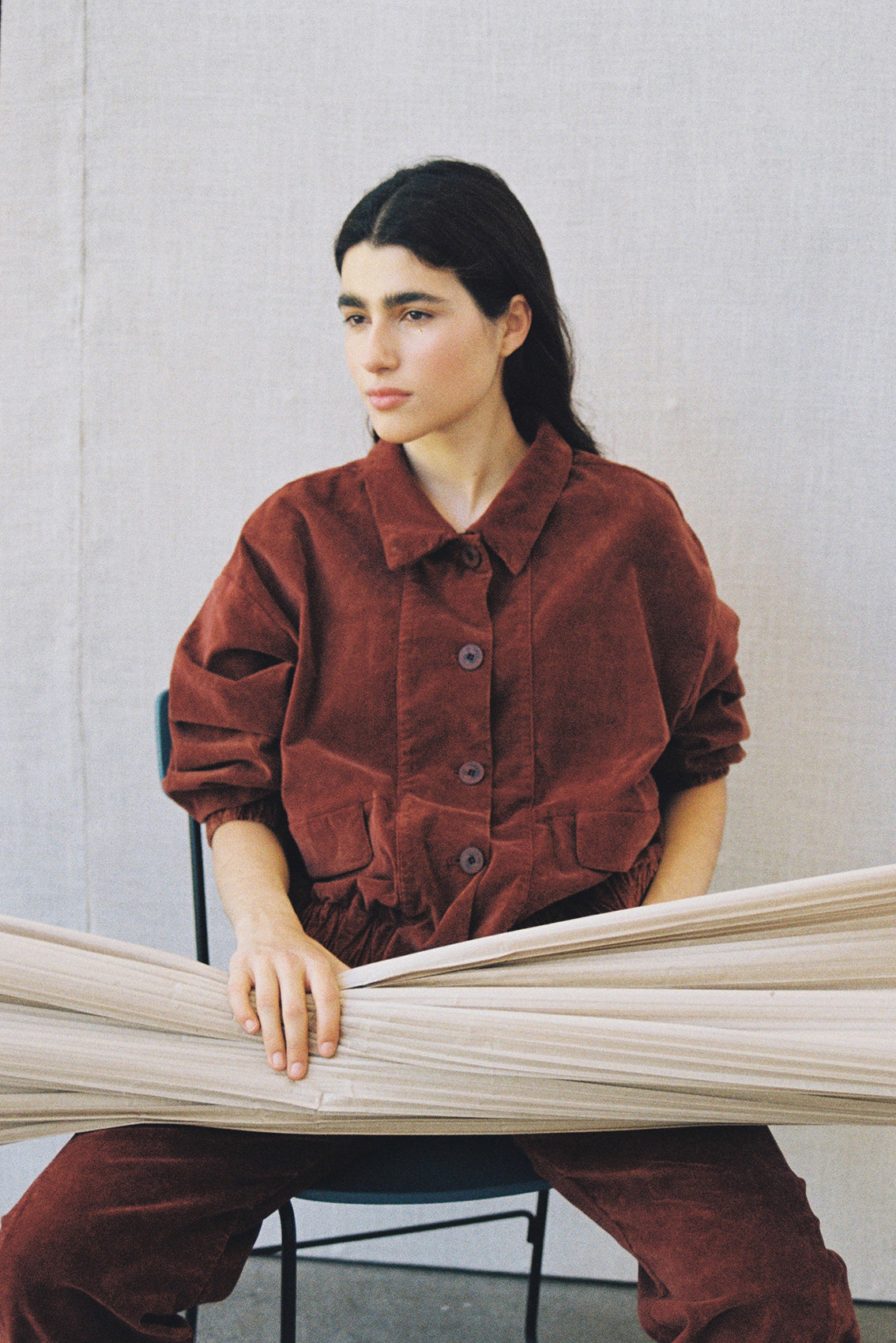 Washed Velvet Cotton Bomber Jacket - Rust