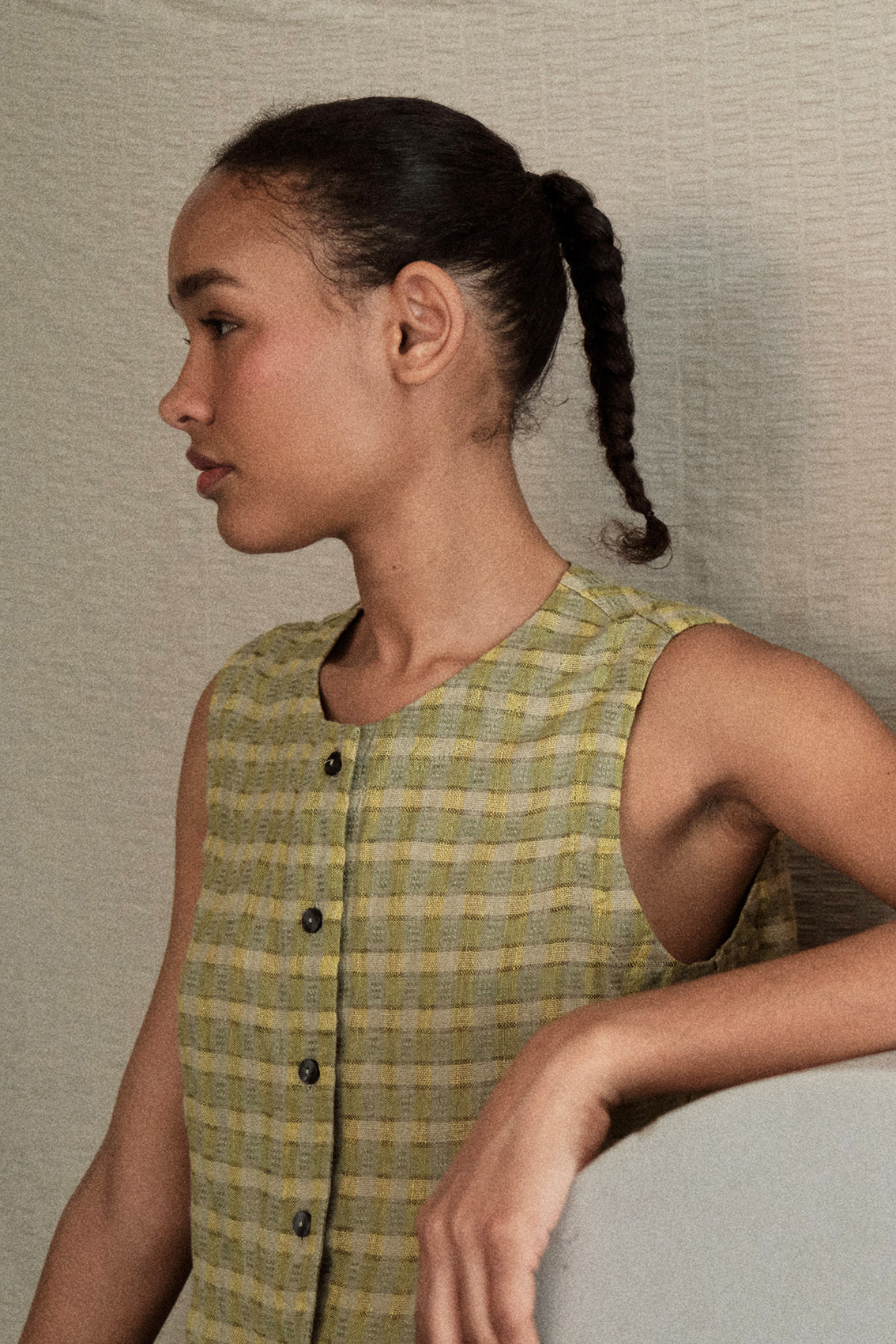 Top Vest Abotonado Lino Gingham - Musgo