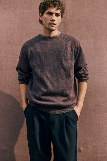 Men's Felted Alpaca Thin Sweater - Aubergine