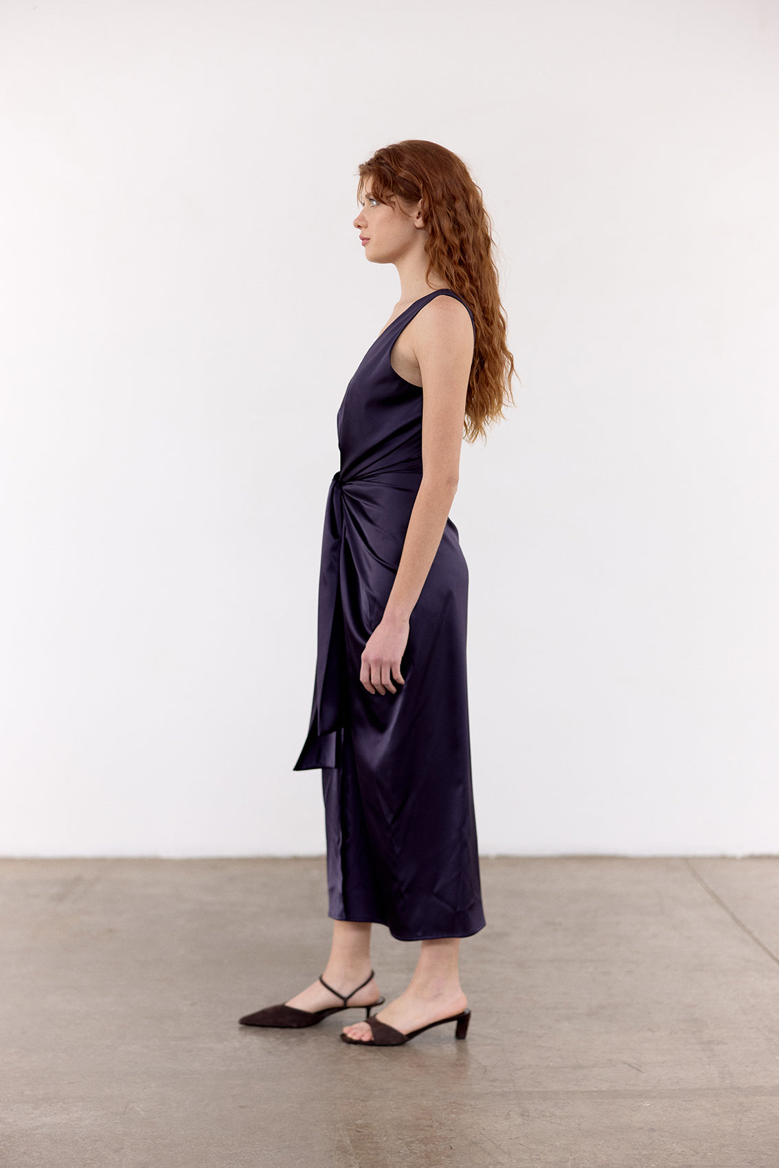 V-Neck Wrap Silk Dress - Medianoche