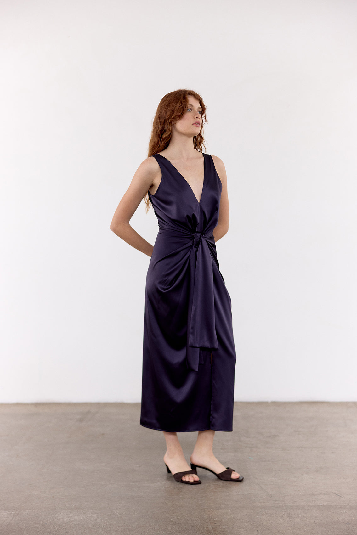 V-Neck Wrap Silk Dress - Medianoche