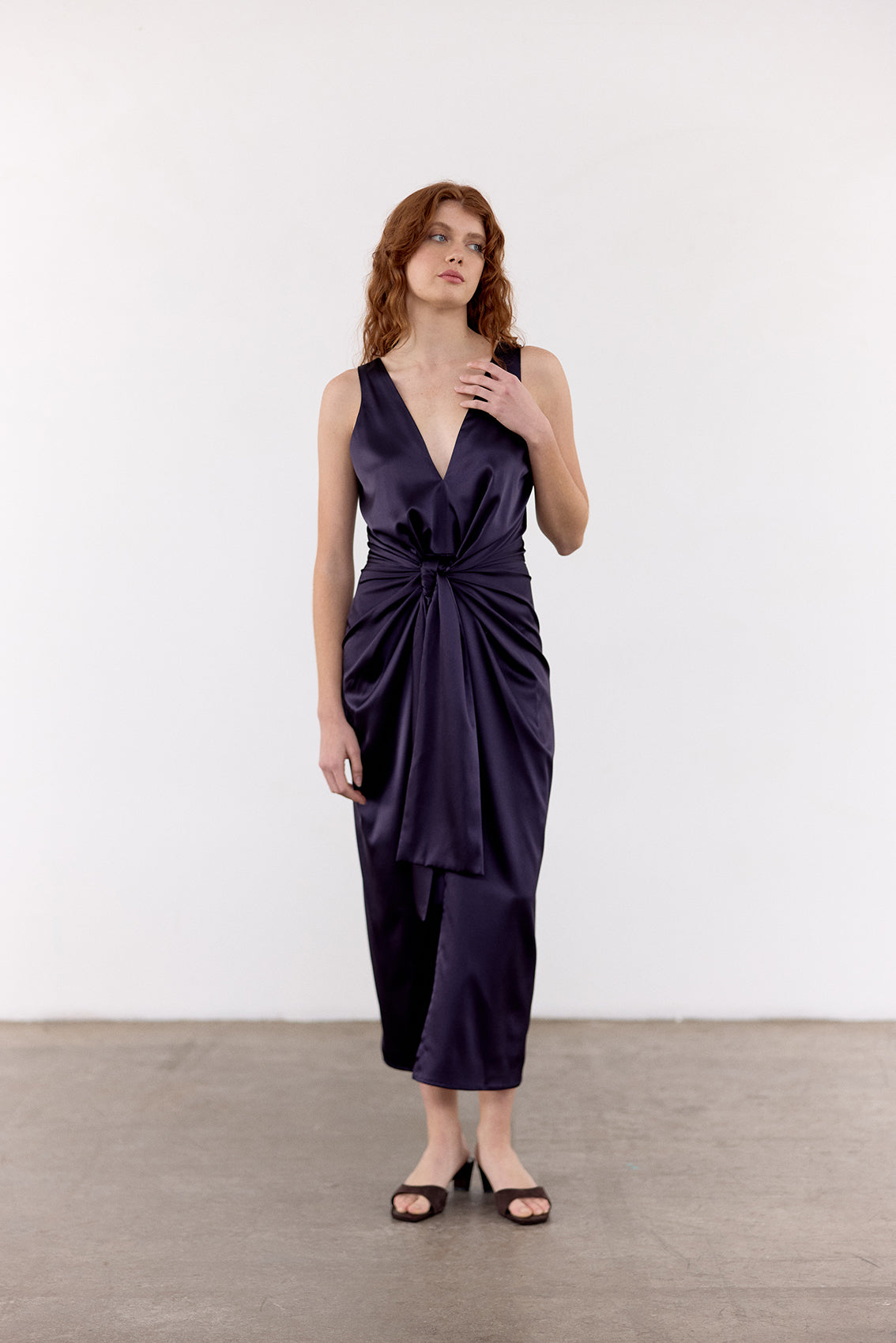 V-Neck Wrap Silk Dress - Medianoche