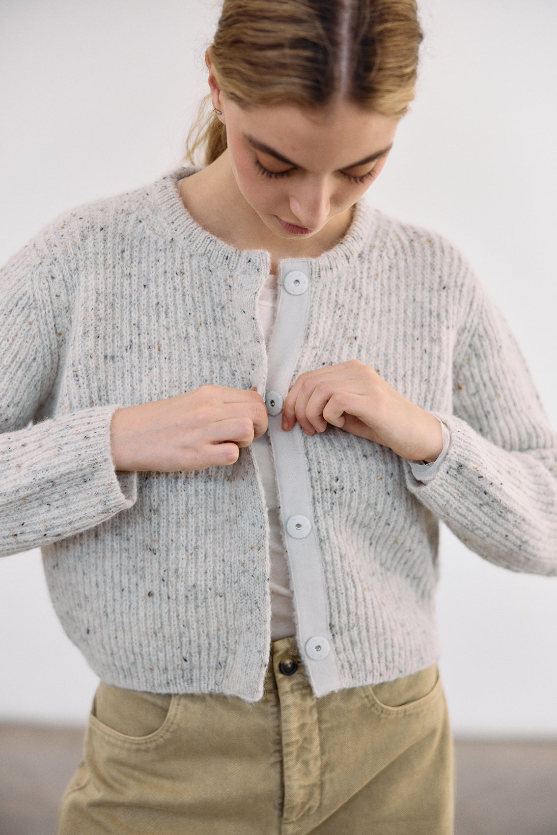 Cárdigan Corto Nuboso Mélange Alpaca/Mohair - Crudo