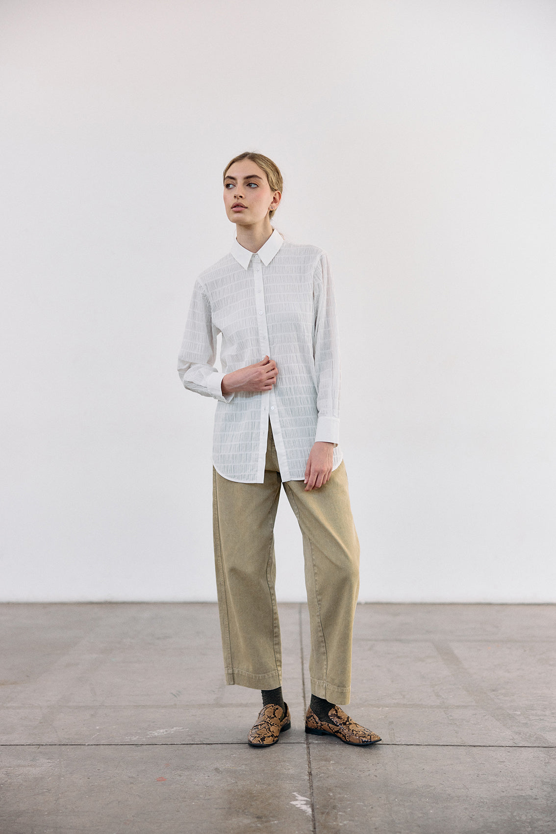 Smocked Cotton Button-Down Shirt - Sal