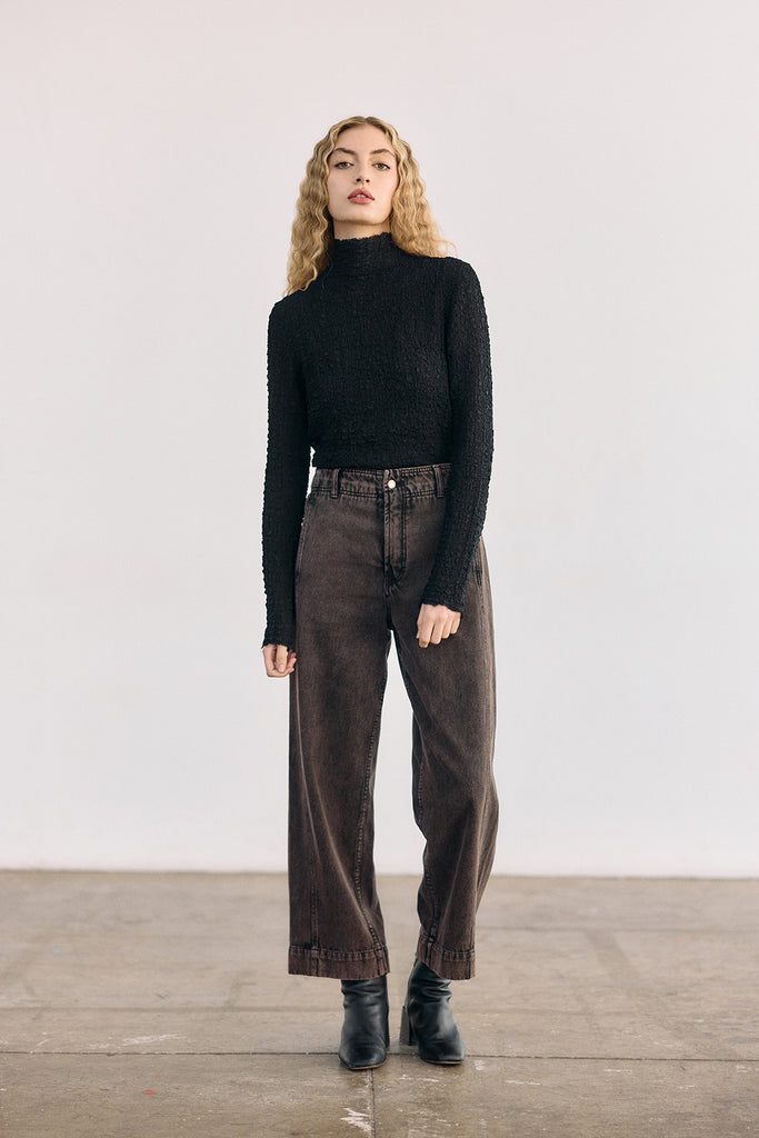 Crinkle Texture Silk Turtleneck Top - Ónix