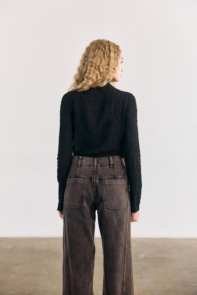 Crinkle Texture Silk Turtleneck Top - Ónix