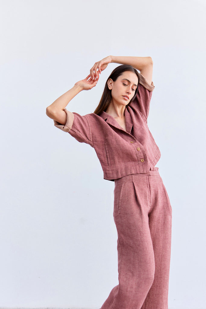 Chaqueta Corta Solapa Lino - Ciruela