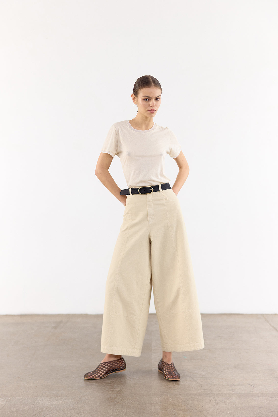 Pantalón Ancho Curvo Algodón Rugoso - Mantequilla
