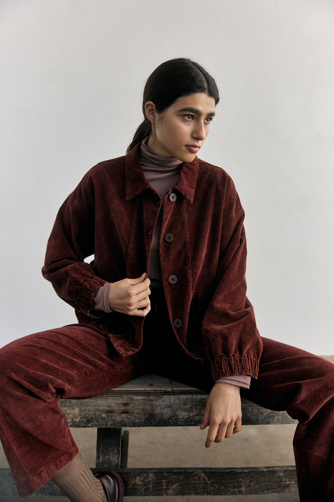 Washed Velvet Cotton Bomber Jacket - Rust