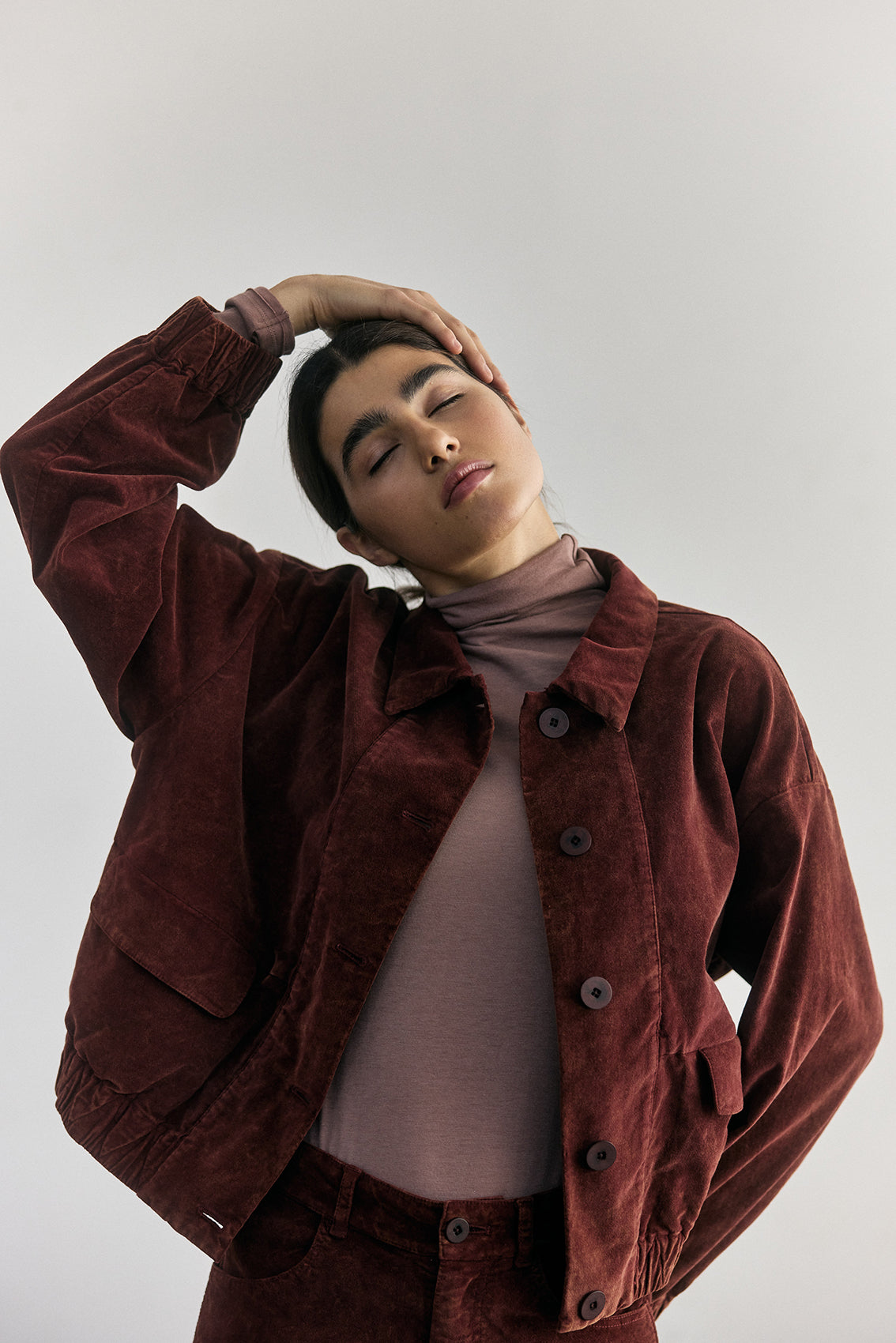 Washed Velvet Cotton Bomber Jacket - Rust