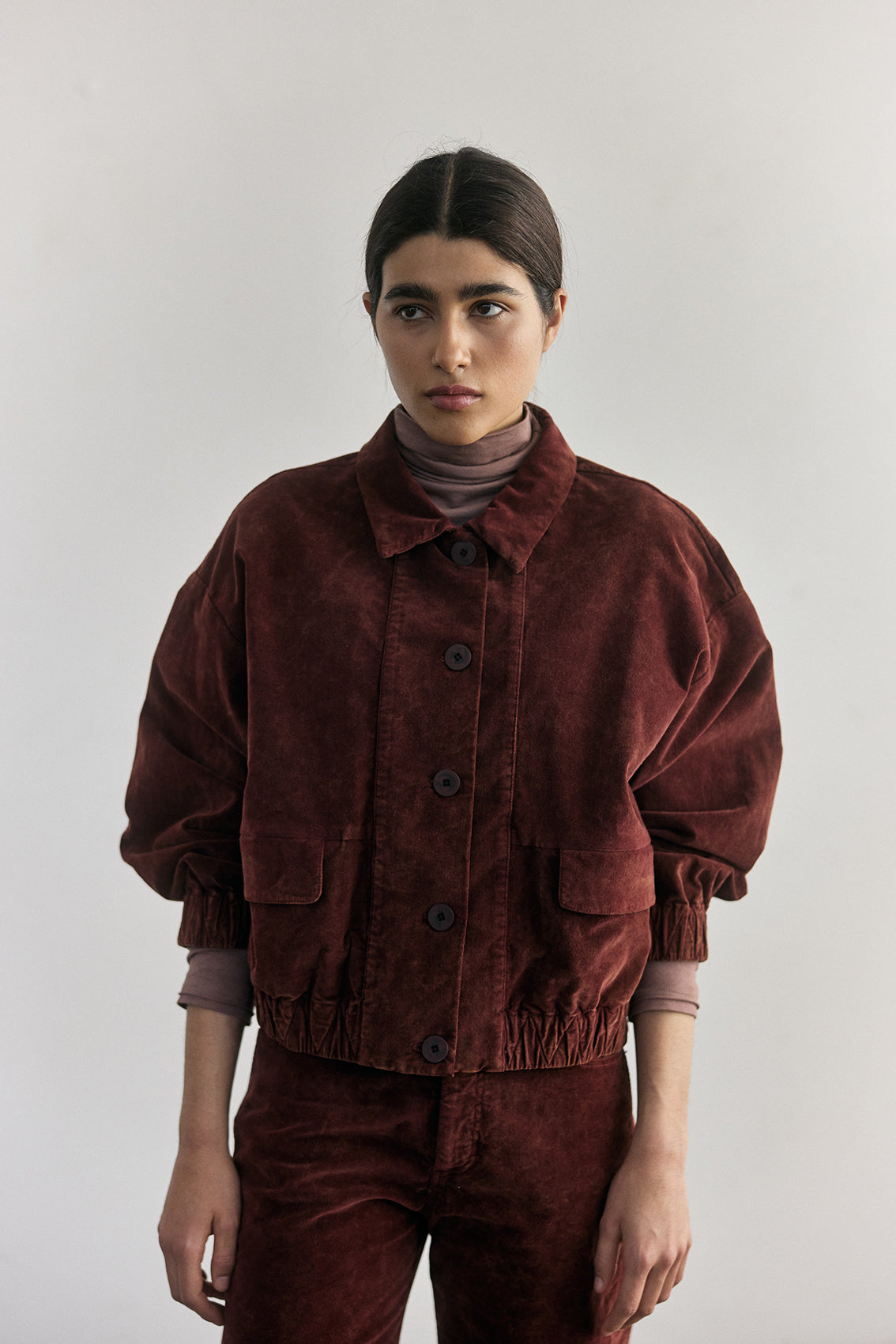 Washed Velvet Cotton Bomber Jacket - Rust