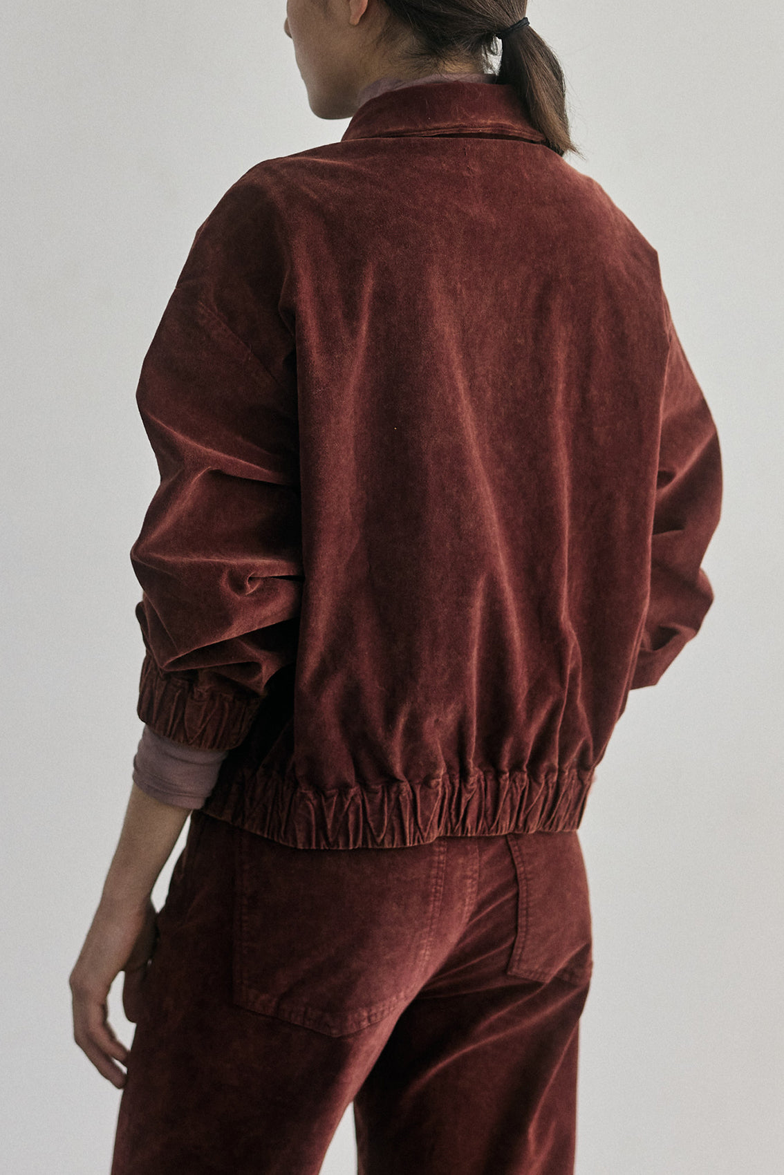 Washed Velvet Cotton Bomber Jacket - Rust