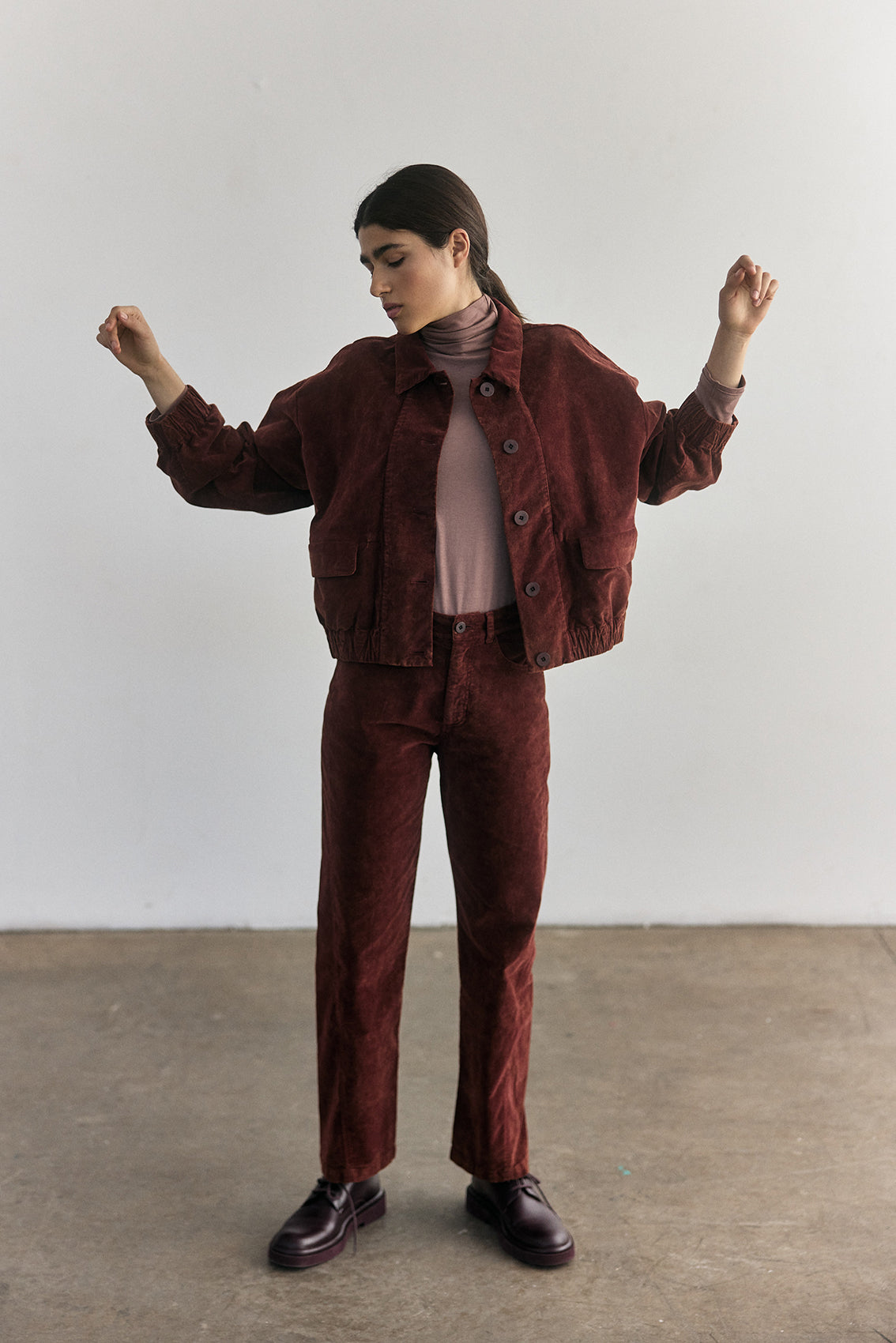 Washed Velvet Cotton Bomber Jacket - Rust
