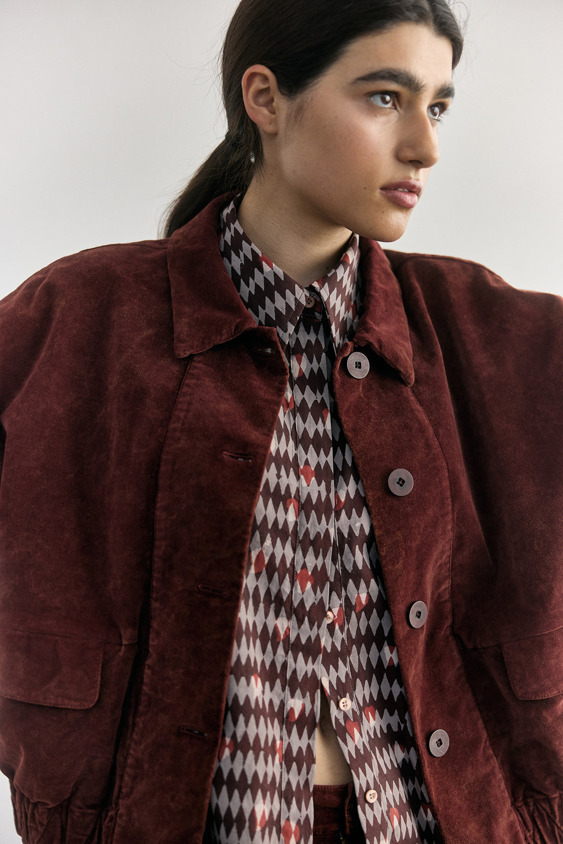 Washed Velvet Cotton Bomber Jacket - Rust