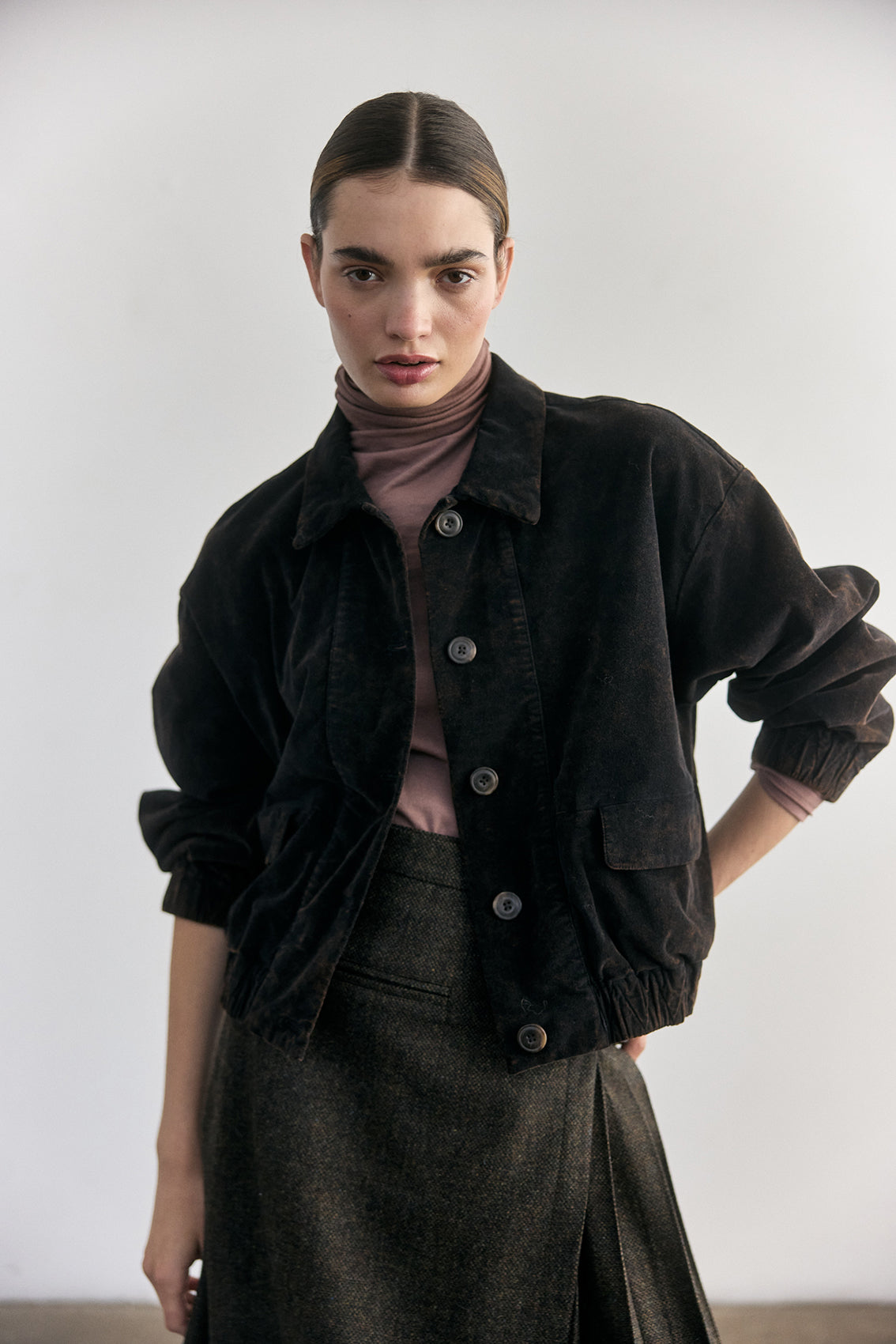 Washed Velvet Cotton Bomber Jacket - Onyx