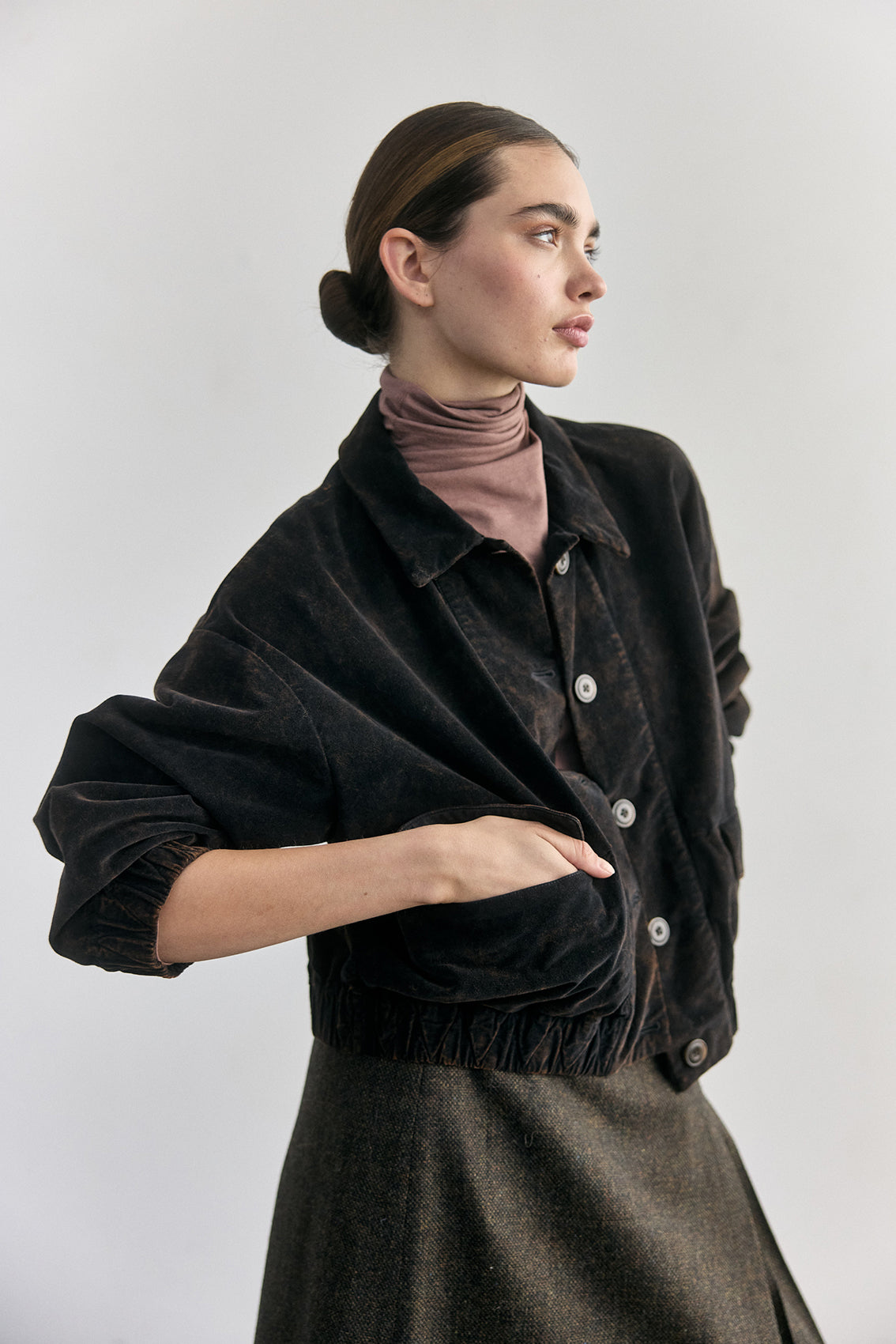 Washed Velvet Cotton Bomber Jacket - Onyx