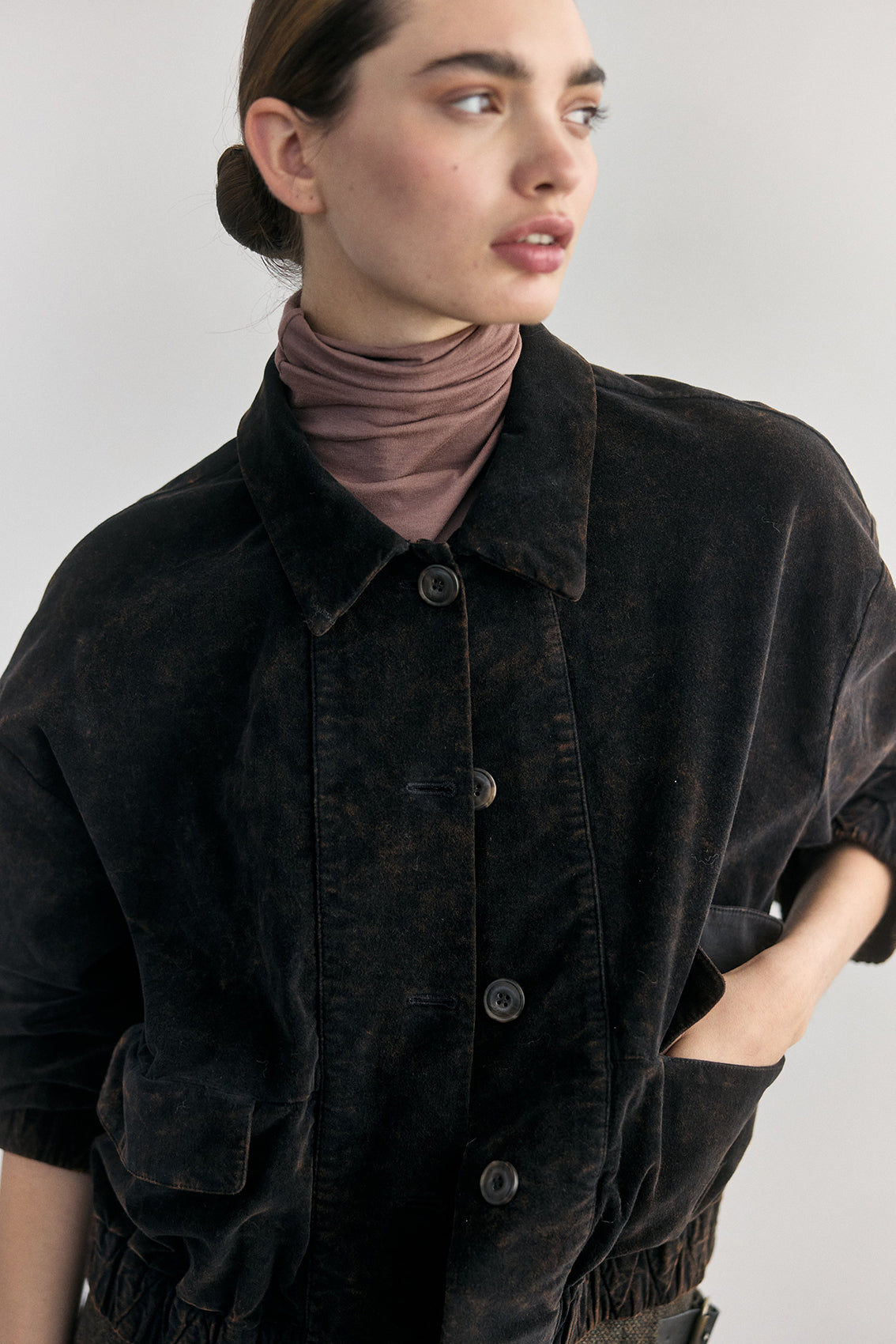 Washed Velvet Cotton Bomber Jacket - Onyx