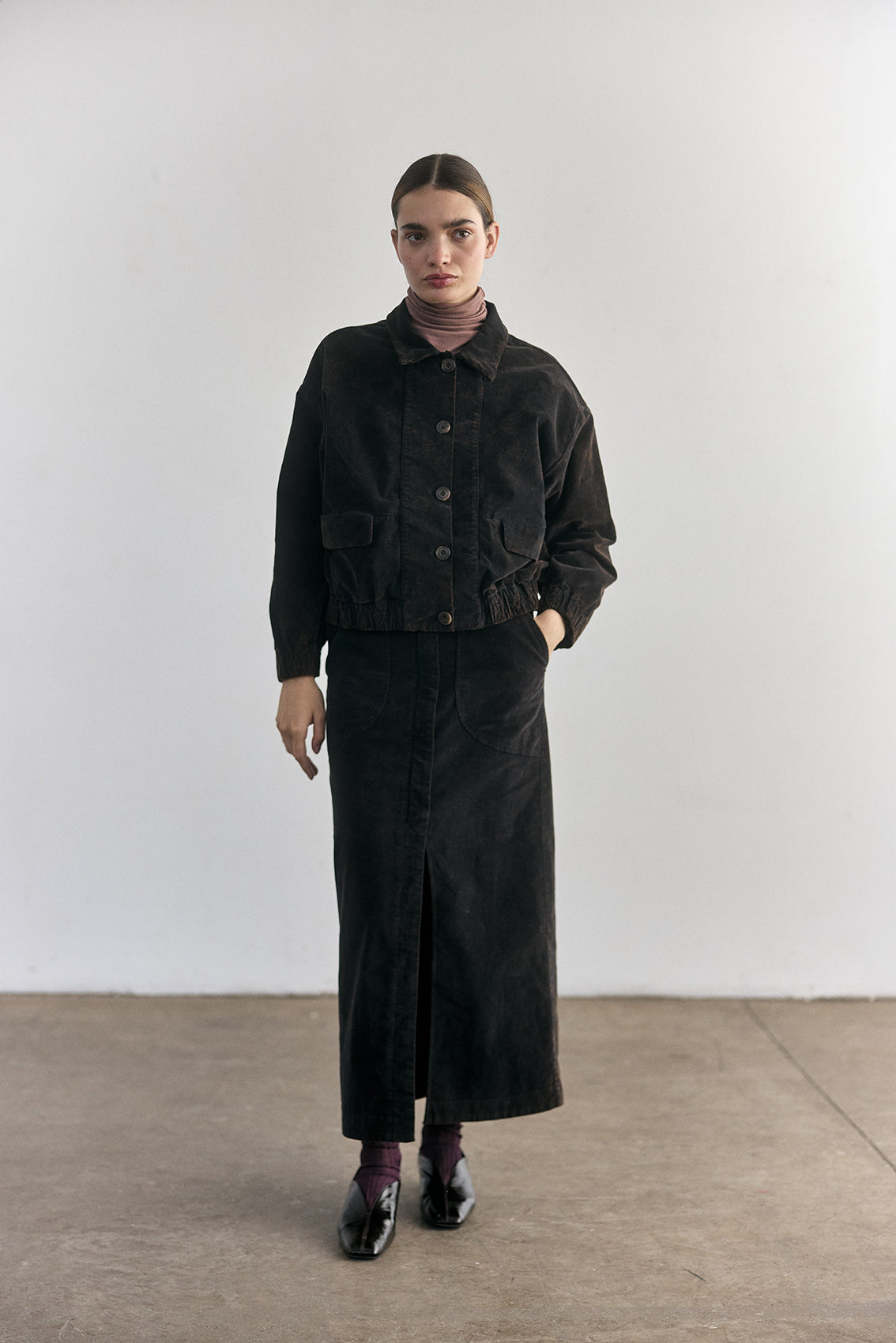 Cotton Velvet Long Skirt - Onyx