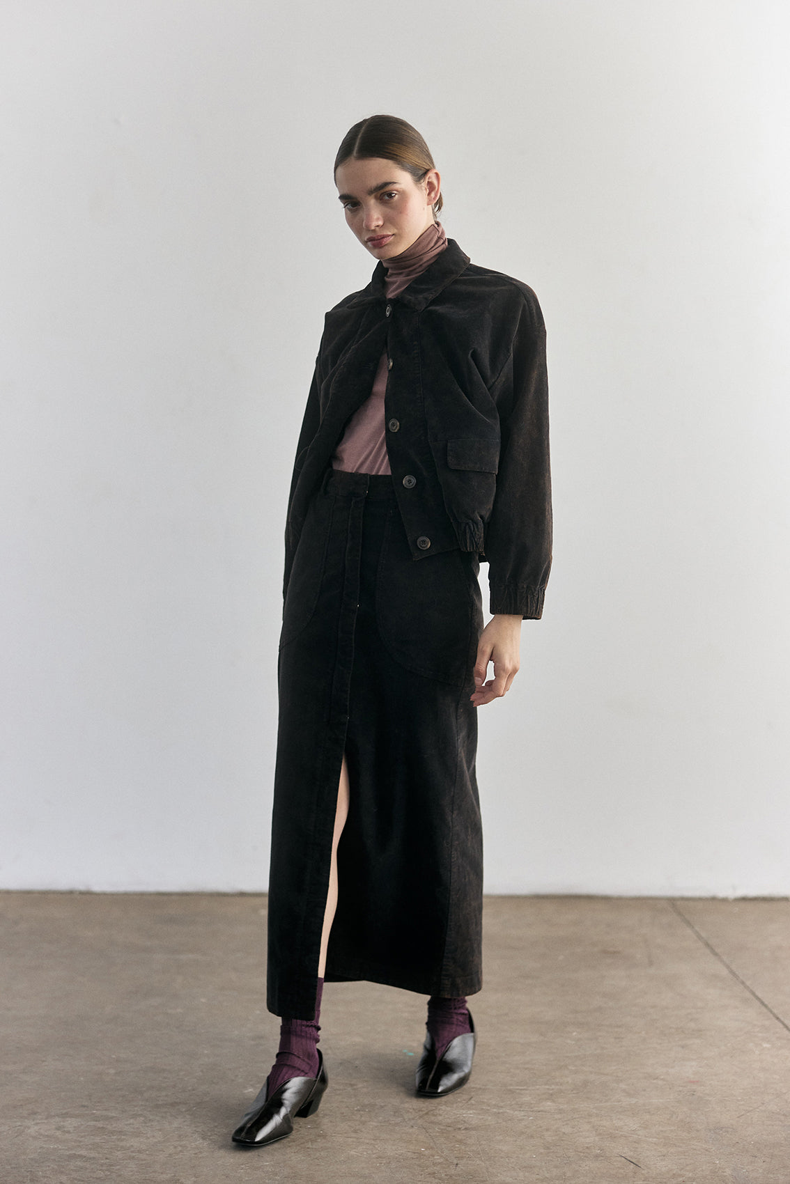 Cotton Velvet Long Skirt - Onyx