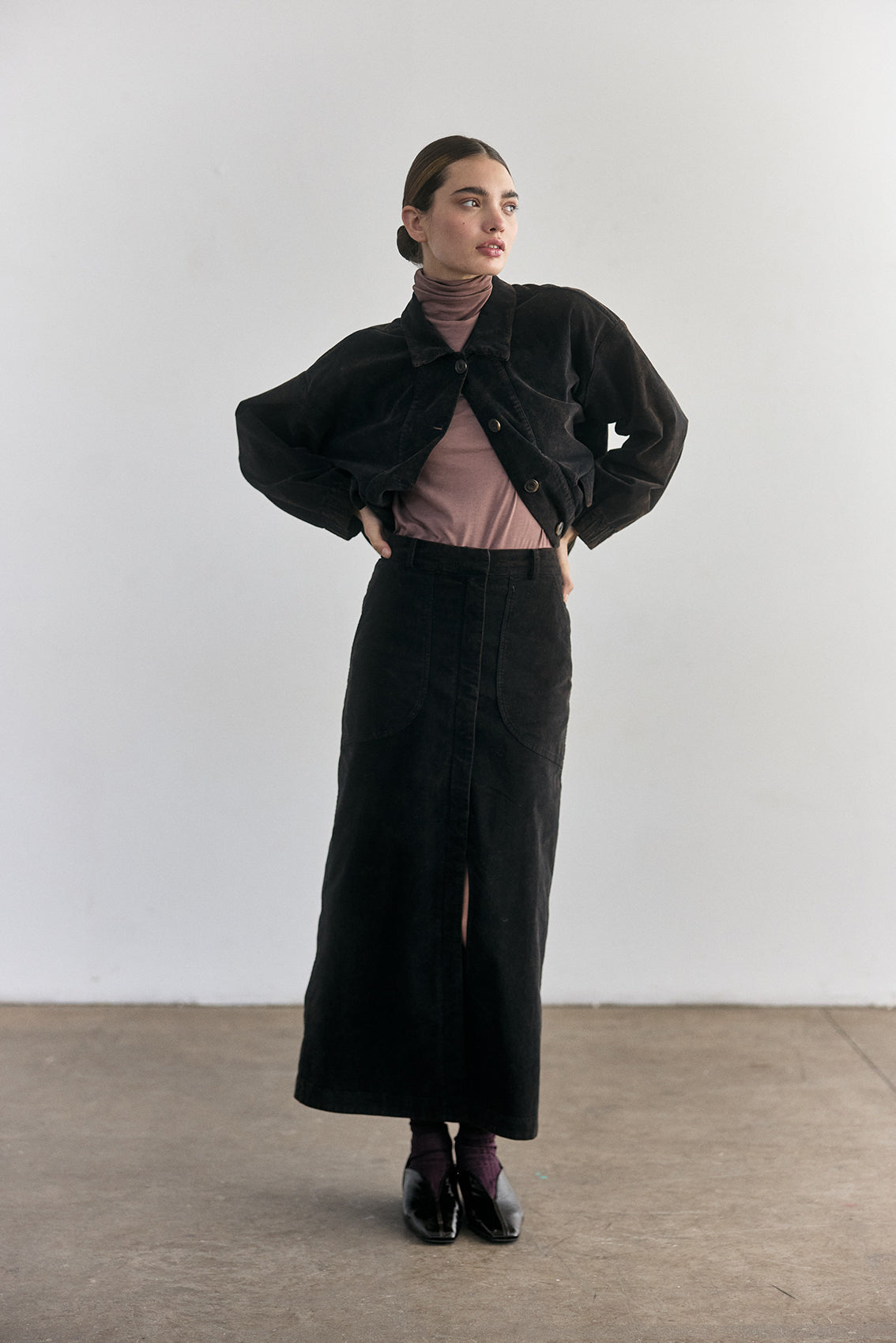 Cotton Velvet Long Skirt - Onyx