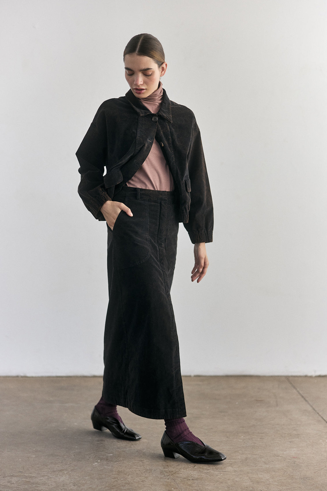 Cotton Velvet Long Skirt - Onyx