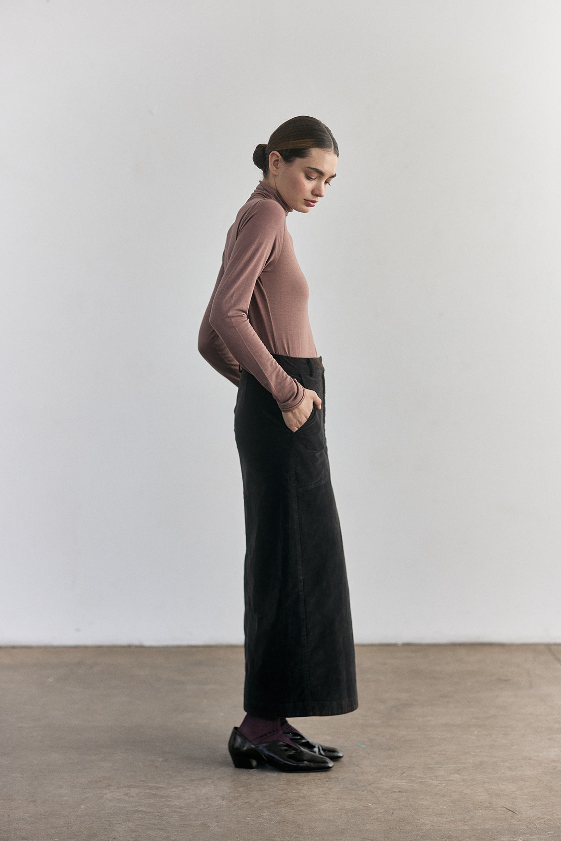 Cotton Velvet Long Skirt - Onyx
