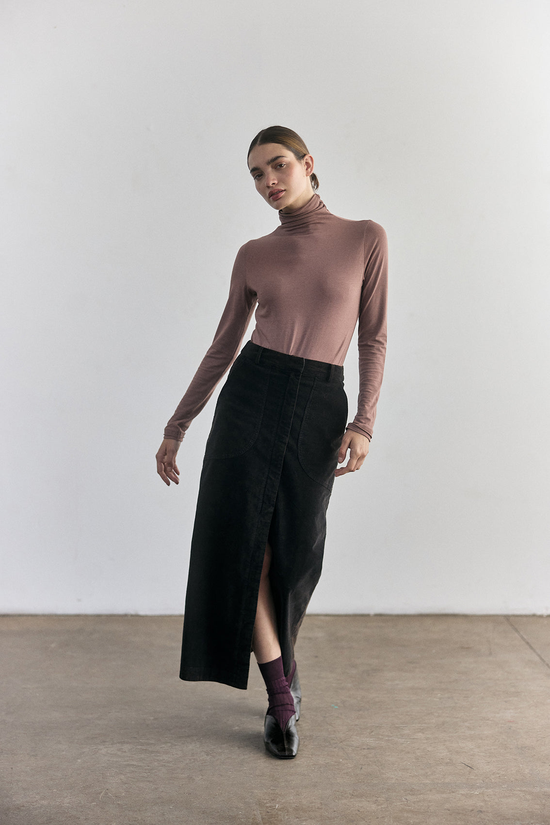Cotton Velvet Long Skirt - Onyx