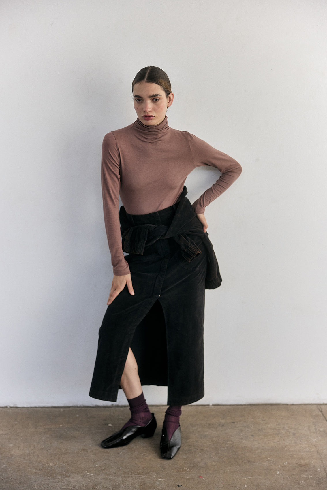 Cotton Velvet Long Skirt - Onyx