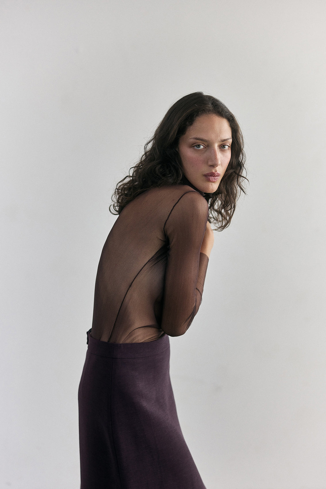 Sheer Silk Long-Sleeve Top - Aubergine
