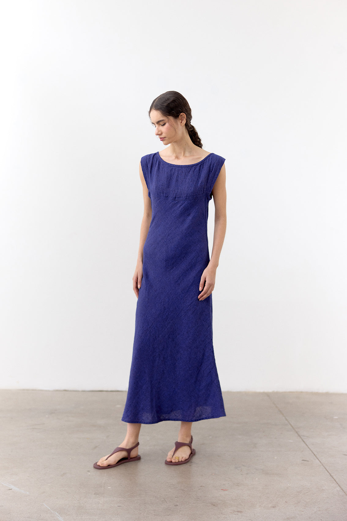 Bias Cut Yoke Linen Dress - Ultramar
