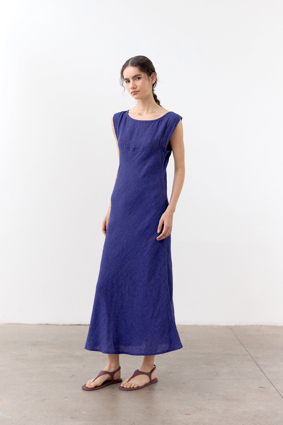 Bias Cut Yoke Linen Dress - Ultramar
