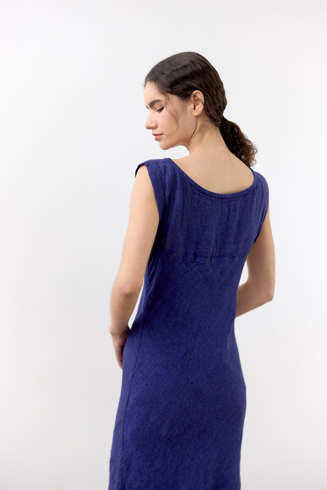 Bias Cut Yoke Linen Dress - Ultramar