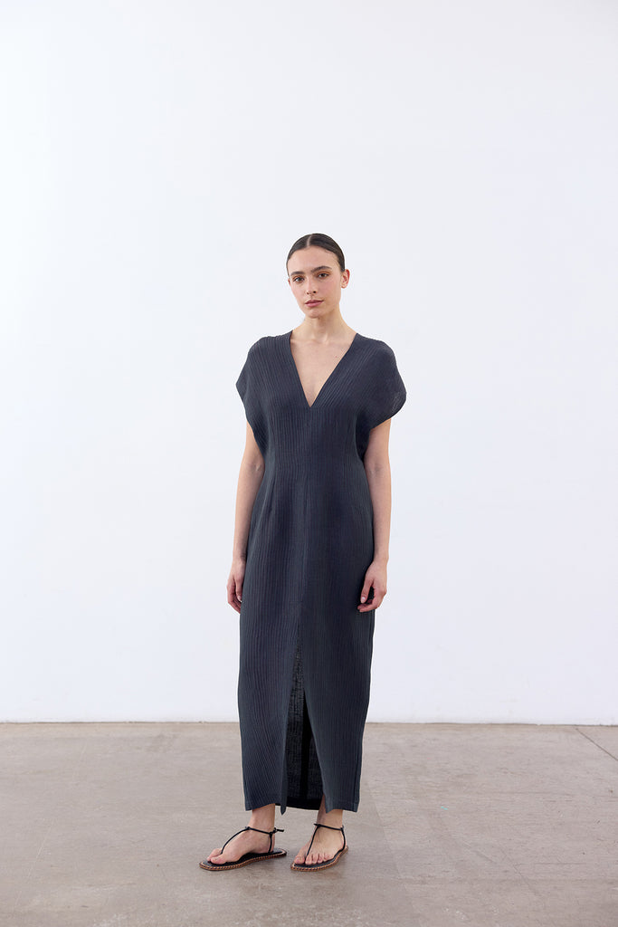 Vestido Ribeteado Escote V Seda/Lino - Lago