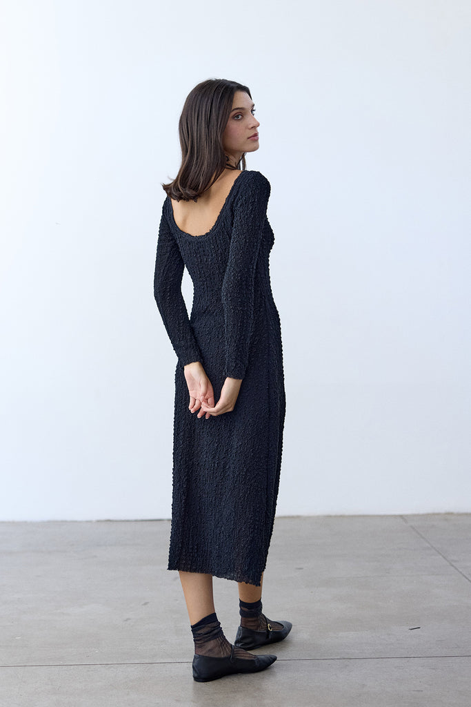 Crinkle Texture Long-Sleeve Dress Silk - Ónix