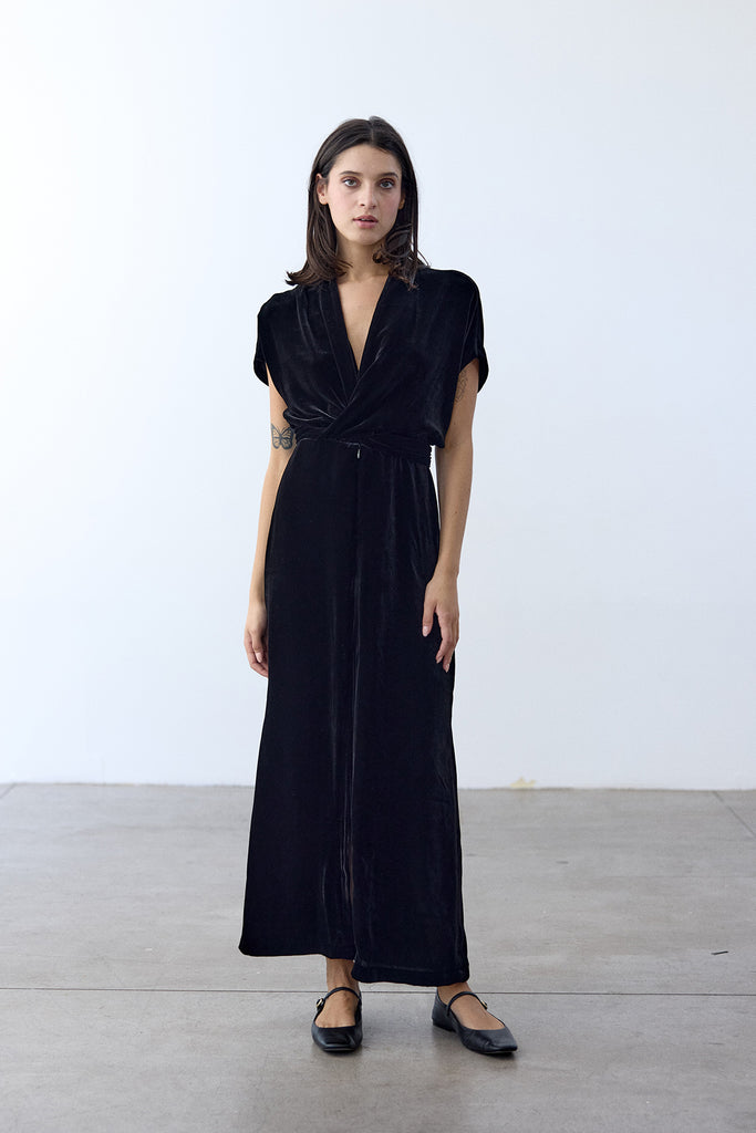 Silk Velvet Tie-Waist Long Dress - Ónix