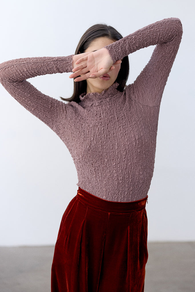 Crinkle Texture Turtleneck Top Silk - Malva