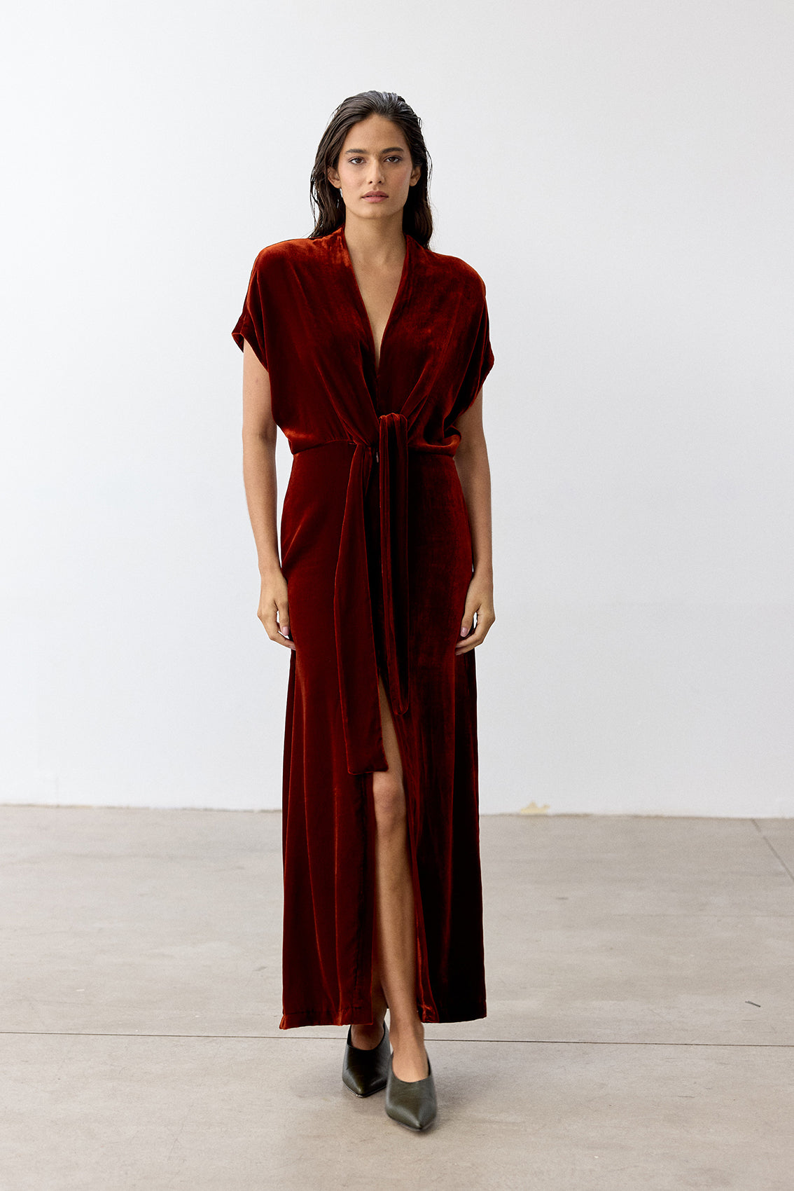 Silk Velvet Tie-Waist Long Dress - Paprika